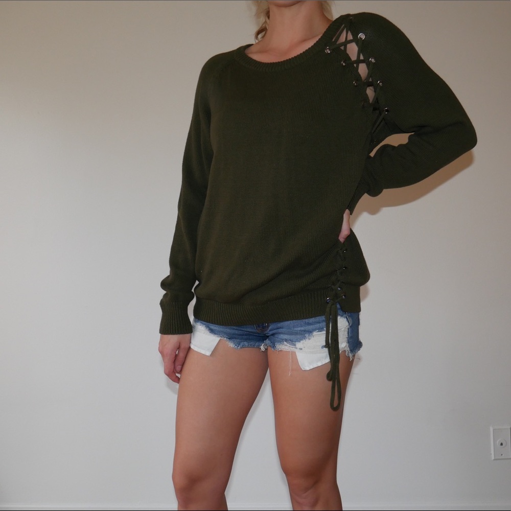 Very J lace up side olive green sweater